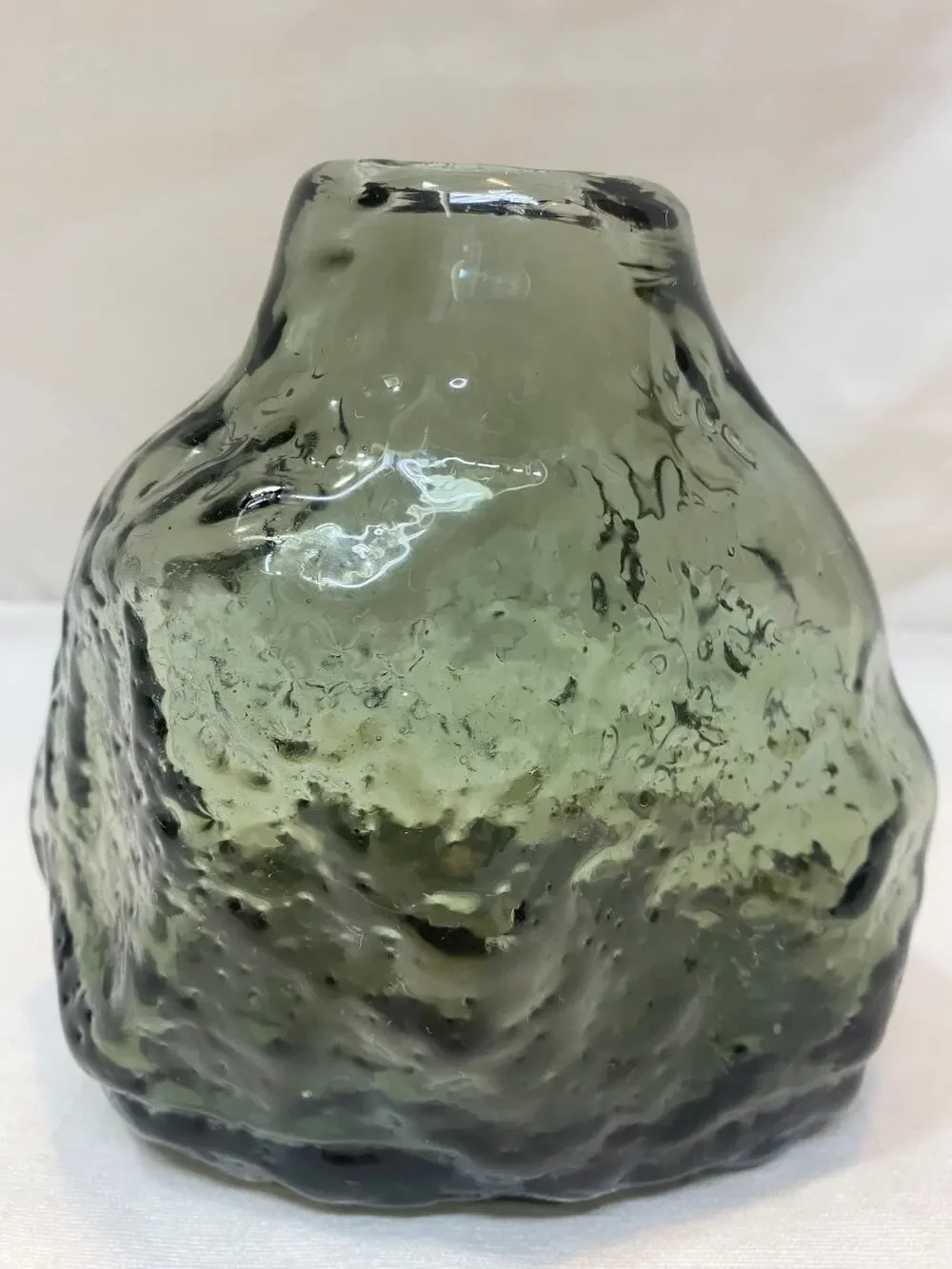 Free Form Minimalist Smoky Gray-Green Glass Vase Heavy Clear Bottom